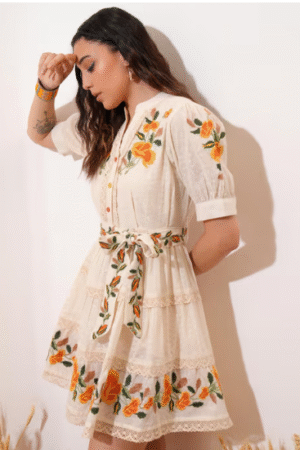 Cream Floral Embroidered Belted Mini Dress