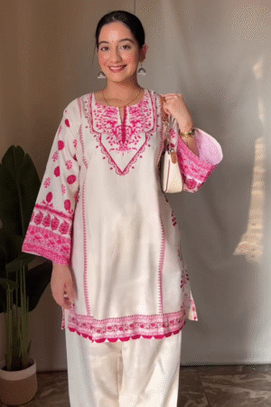 Elegant White & Pink Printed Co-Ord Kurti Set