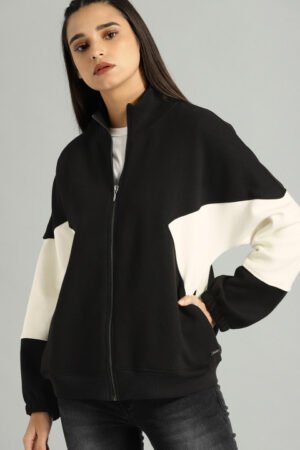 Women’s Black & White Color block Zip-Up Sweatshirt
