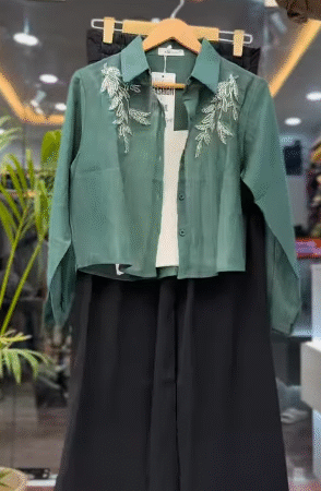 Teal Embroidered Crop Jacket with Black Flared Dress