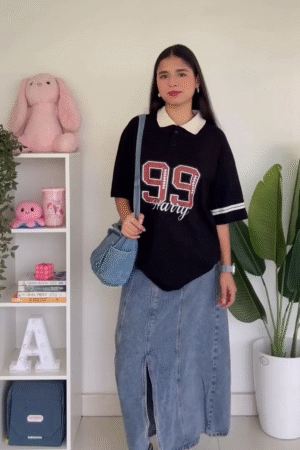 Women’s Oversized Black Polo T-Shirt with White Collar