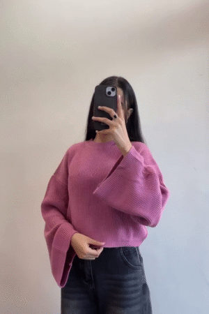 Women’s Pink Ribbed Knit Sweater with Flared Sleeves