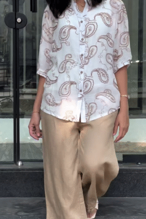 Women’s White Paisley Printed Shirt with Beige Embroidered Palazzo Pants