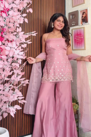 Blush Pink Sharara Set with Embroidered Kurti & Sheer Dupatta