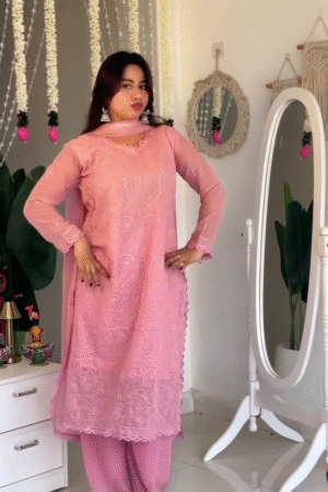 Blush Pink Embroidered Kurta Pant Set with Lace Detailing – Women’s Ethnic Wear