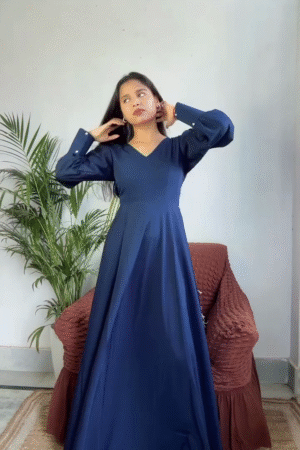 Navy Blue Maxi Dress for Women – Elegant Flared Long Dress with Balloon Sleeves
