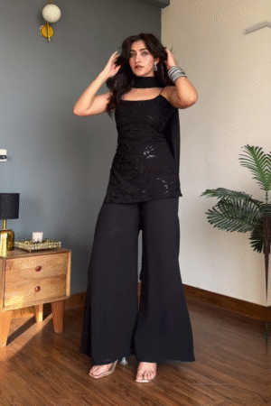 Black Embroidered Kurta Palazzo Set for Women – Sleeveless Kurti with Dupatta & Wide-Leg Pants