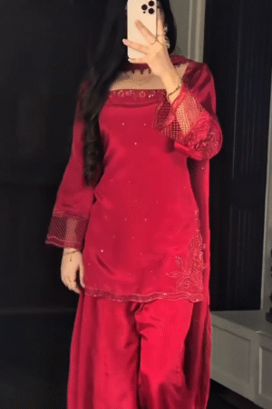 Elegant Red Embroidered Kurta Palazzo Set – Festive Ethnic Outfi