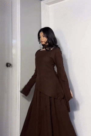 Brown Long Sleeve Layered Dress – Elegant Minimal Evening Outfit