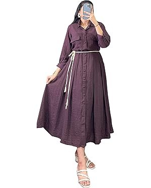 Mauve Floral Maxi Shirt Dress with Belt – Elegant Long Sleeve Flowing Dress