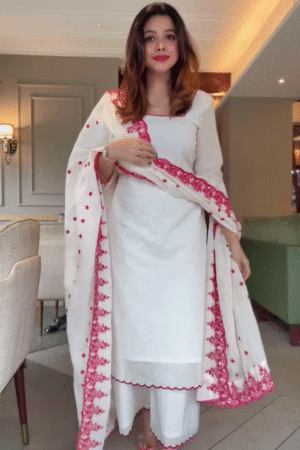 White Cotton Kurta Set with Red Embroidered Dupatta – Elegant Festive Ethnic Wear