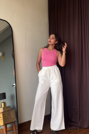 Pink Ribbed Tank Top with White Wide-Leg Pants – Chic Casual Summer Outfit