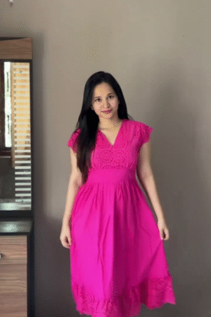 Bright Pink Summer Dress with Lace Detail – Casual Chic Women’s Outfit