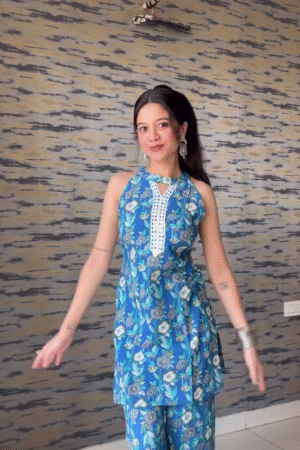 Blue Floral Halter Neck Kurti Palazzo Set – Trendy Indo-Western Co-Ord Outfit for Women