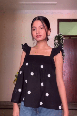 Black Floral Embroidered Ruffle Top