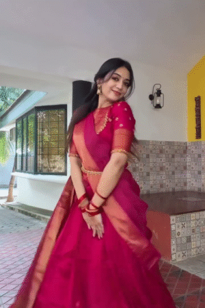 Rani Pink Silk Lehenga Set with Gold Border & Sheer Dupatta – Festive & Wedding Wear