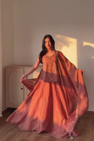 Peach Embroidered Ethnic Lehenga Set with Sleeveless Blouse