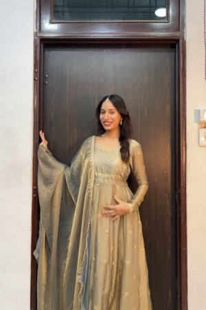Women’s Olive Green Embroidered Anarkali Gown with Dupatta – Elegant Ethnic Party & Wedding Wear