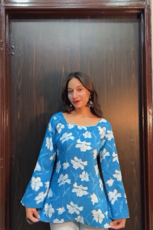 Women’s Blue Floral Printed Tunic Top – Stylish Casual Long Sleeve Peplum Top for Women