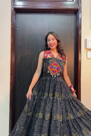 Black Handcrafted Mirror Work Maxi Dress – Traditional Ethnic Boho Long Dress for Women