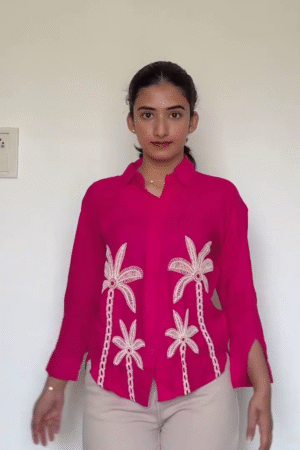 Pink Embroidered Shirt for Women – Stylish Palm Tree Design Casual Top