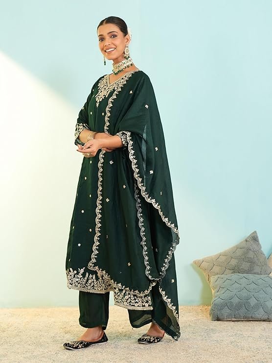 Dark Green Embroidered Kurta Pant Set with Chiffon Dupatta | Designer Festive & Party Wear Ethnic Suit - Image 2
